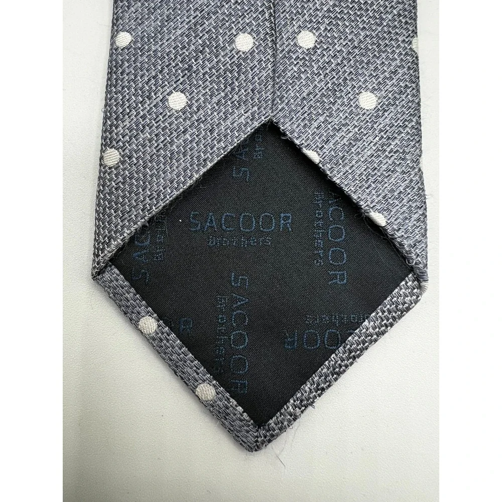 Sacoor Brothers Italy Silk Tie Gray White Polka Dot Hand Finished Luxury Necktie